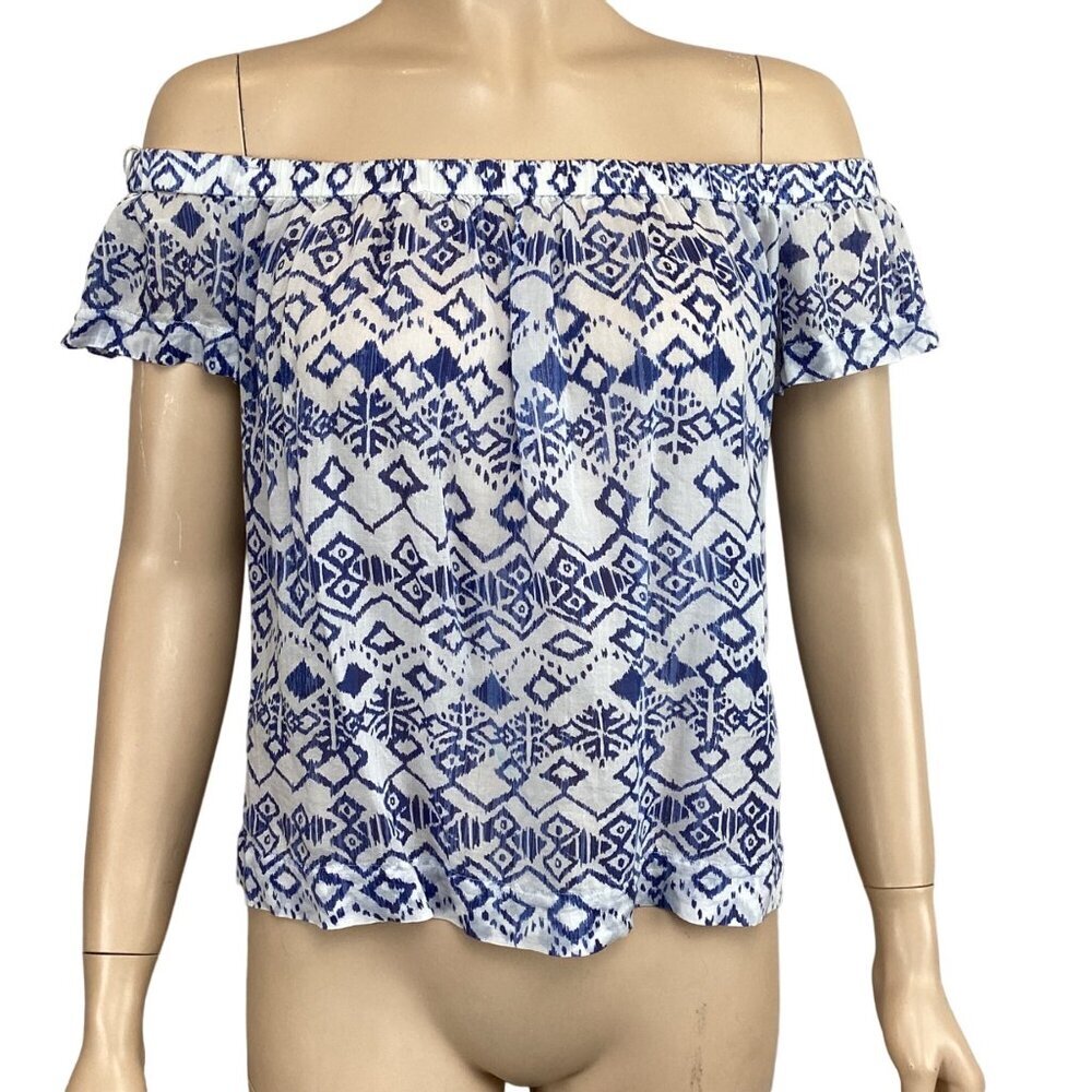 Bella‎ Dahl Off-Shoulder Blue & White Print Top Size Medium Light Weight